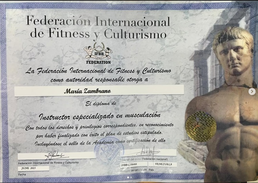 Certificado: Instructor especializado en musculación — Federación Internacional de Fisicoculturismo y Fitness (IFBB)