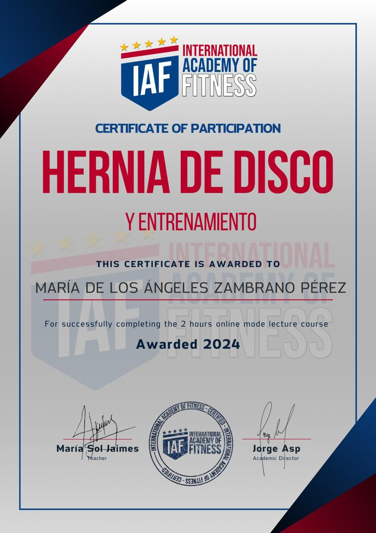 Certificado: Hernia de disco y entrenamiento — International Academy of Fitness (IAF)